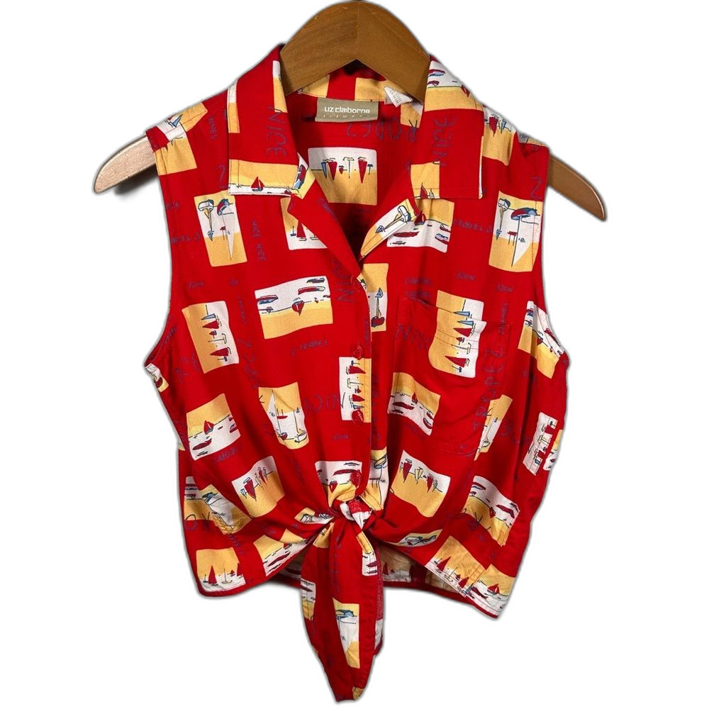 Liz Claiborne Liz Wear Red Tie-Front Sleeveless Button-Up Crop Top Size Medium